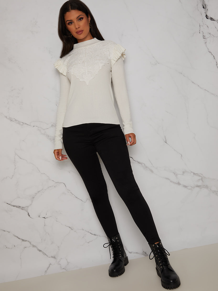 Broderie Trim Knitted Jumper in White