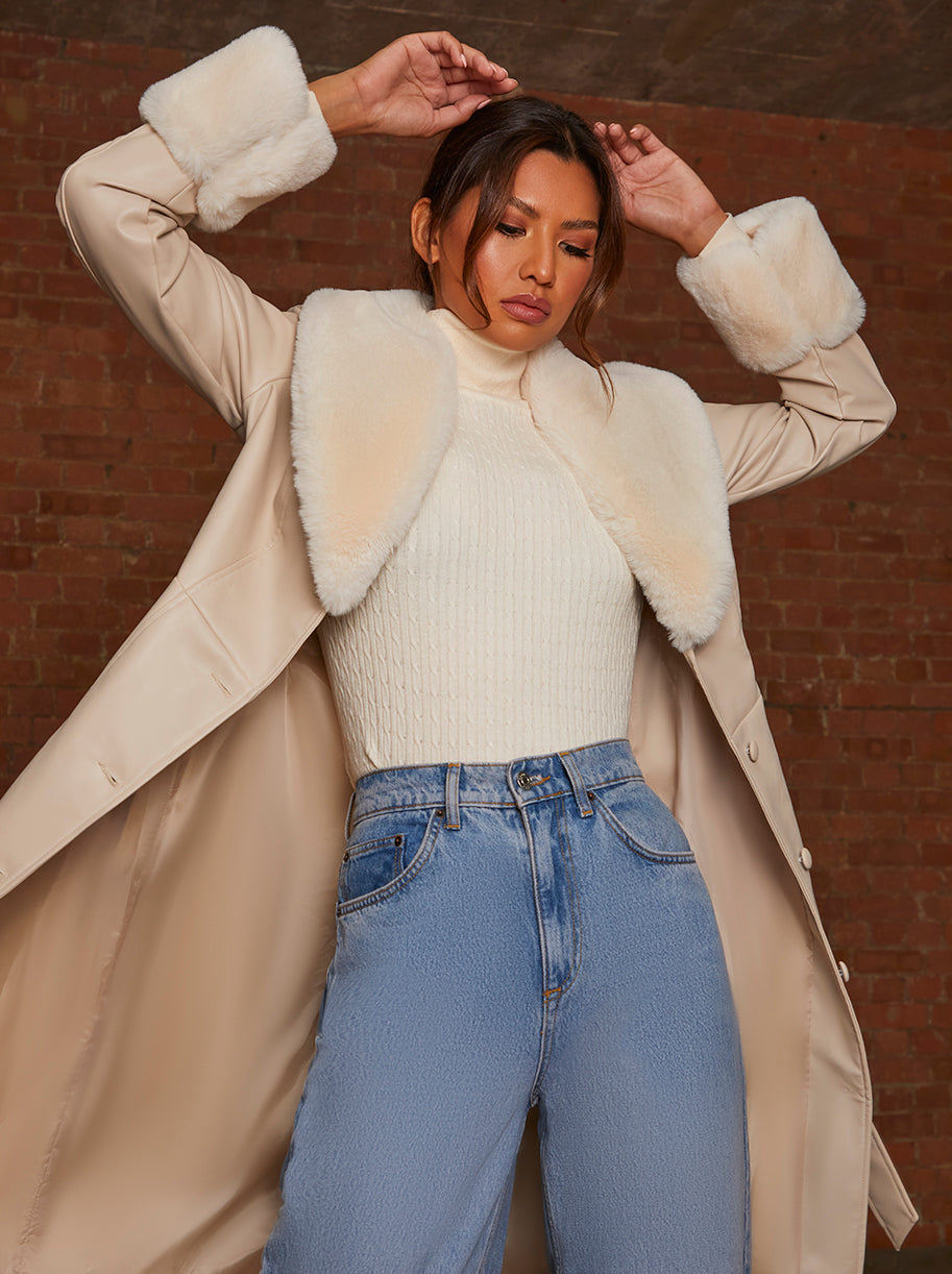 Faux Leather Longline Coat with Faux Fur Trim in Taupe